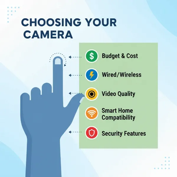 An infographic showing a hand pointing to a checklist for choosing a video doorbell, with icons representing key features like budget, wired/wireless, video quality, and smart home compatibility. The style is clean and informative.