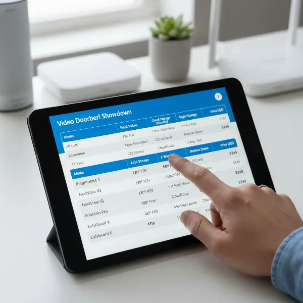 A person's hand interacting with a tablet displaying a comparison of video doorbell features, symbolizing the buying decision process.