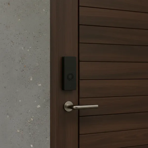 A sleek, minimalist matte black video doorbell mounted on a modern wooden front door, blending seamlessly with the architectural style.