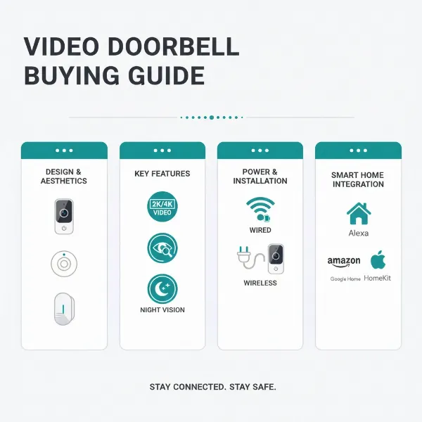 A visually appealing infographic illustrating key factors to consider when buying a video doorbell for a modern home, including design, features, power, and smart home compatibility.