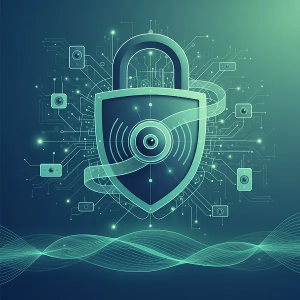 An abstract illustration representing digital security and privacy for video doorbells, featuring a padlock and shield symbol over connected devices.