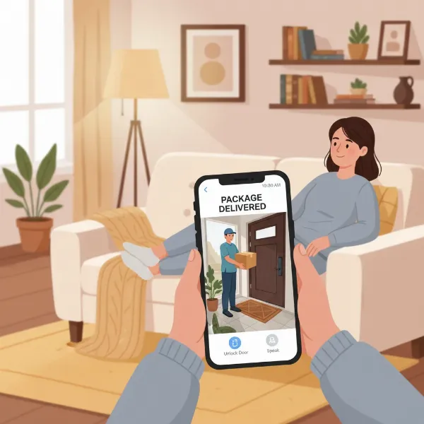 A person monitoring a package delivery on their smartphone via a video doorbell app, emphasizing convenience and home security.