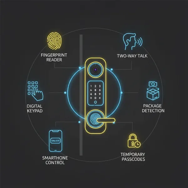 A detailed infographic showcasing the various access management features of a modern video doorbell smart lock, including fingerprint, keypad, and app unlocking icons.