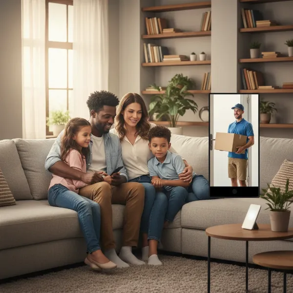 A busy working family checking their video doorbell on a smartphone, showing a delivery person at their front door.