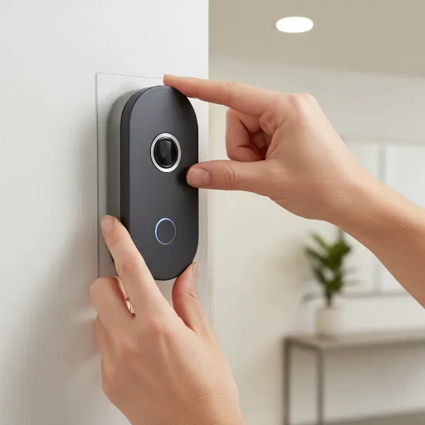 A person installing a battery-powered video doorbell on an apartment door frame