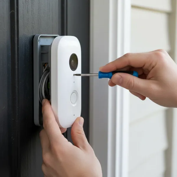 Close-up of hands using a screwdriver to install a video doorbell onto its mounting bracket at a home entrance.