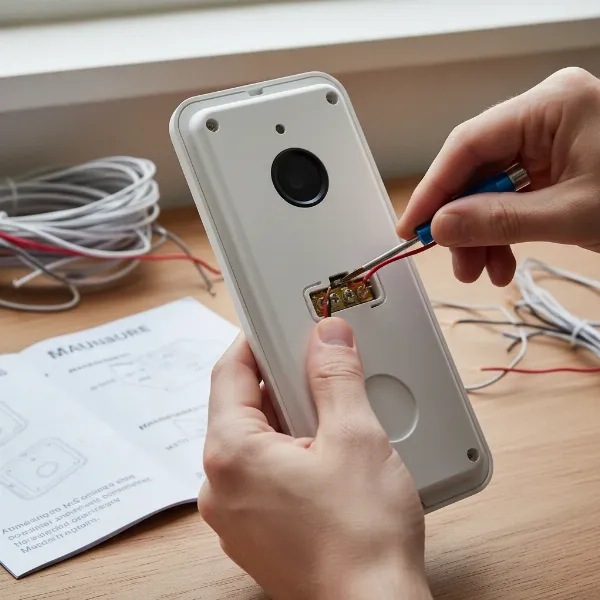 A close-up shot of hands carefully connecting wires to the back of a modern video doorbell during a DIY installation, with a screwdriver nearby.