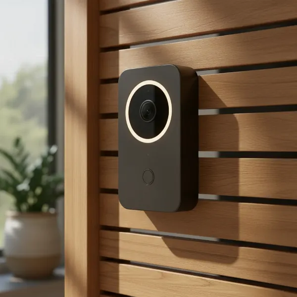 A sleek, modern video doorbell mounted on a wooden door, highlighting its camera lens and design elements.