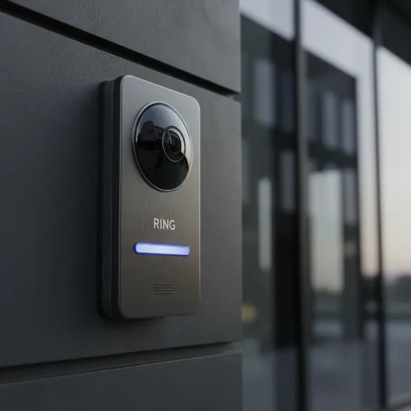 A modern video doorbell installed on an office building entrance, highlighting its key features like camera lens and button.