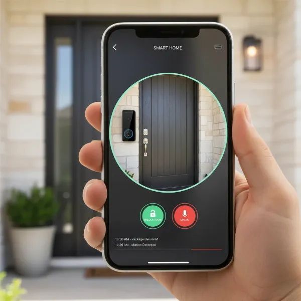 A homeowner remotely managing access to their home via a smartphone app, with a clear view of their video doorbell and smart lock.