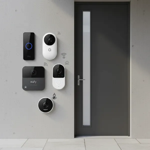 Modern video doorbells from various brands displayed together on a contemporary home entrance, showcasing diversity in design and features with subtle icons representing wired/wireless, smart home logos like Alexa and Google Assistant.