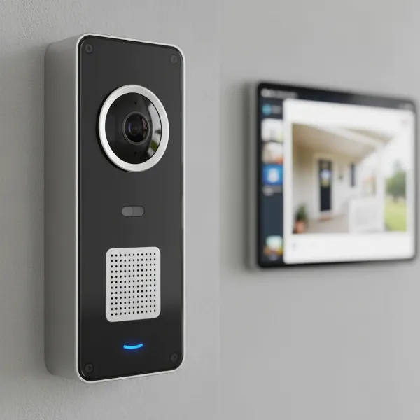 Close-up of a modern video doorbell showing its camera, motion sensor, and speaker with a smart home interface in the background, realistic style