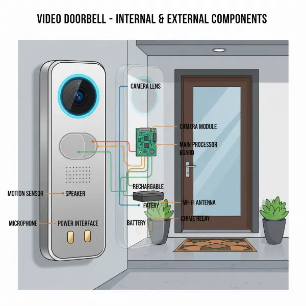 A detailed diagram showing the main components of a video doorbell, including the camera lens, motion sensor, speaker, microphone, and power connection, set against a modern home exterior.