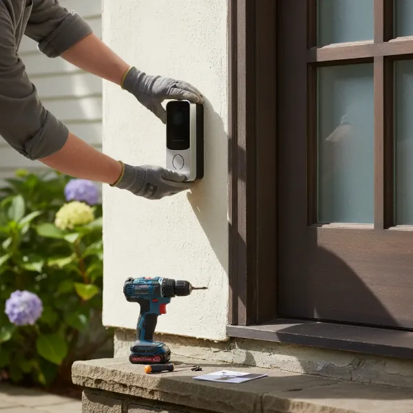 A person installing a wireless video doorbell on a wall with tools, symbolizing DIY installation.