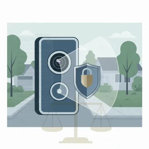 A subtle visual representation of privacy concerns with a video doorbell, showing a doorbell camera icon with a privacy shield or blurred area.