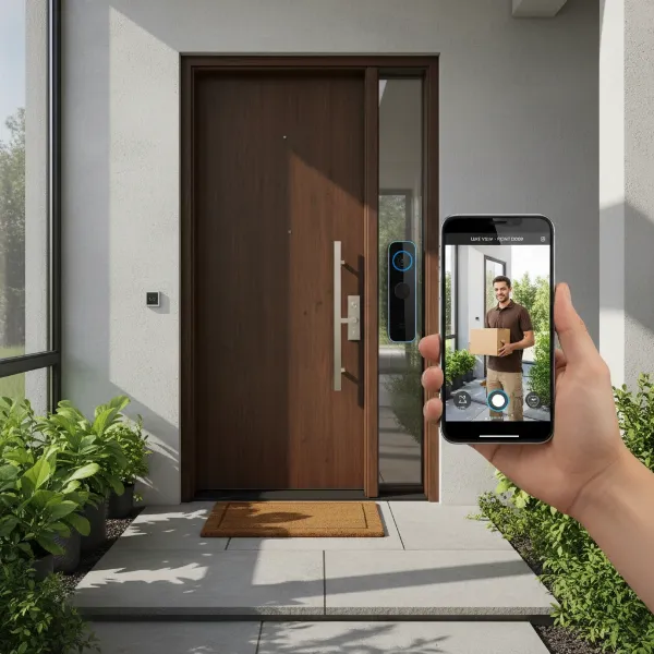 A sleek, modern video doorbell mounted on a dark wooden door, with a smartphone showing a live feed of a delivery person. The image highlights the security and convenience benefits.