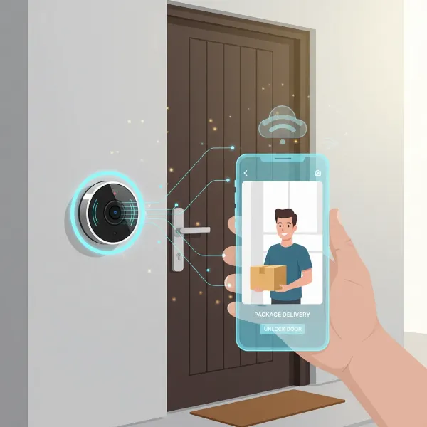 A conceptual illustration of a video doorbell enhancing home security, showing a digital overlay of a camera feed on a smartphone with a person at the door. The setting is a modern house entrance with soft, inviting lighting. The image should convey safety and technological integration.
