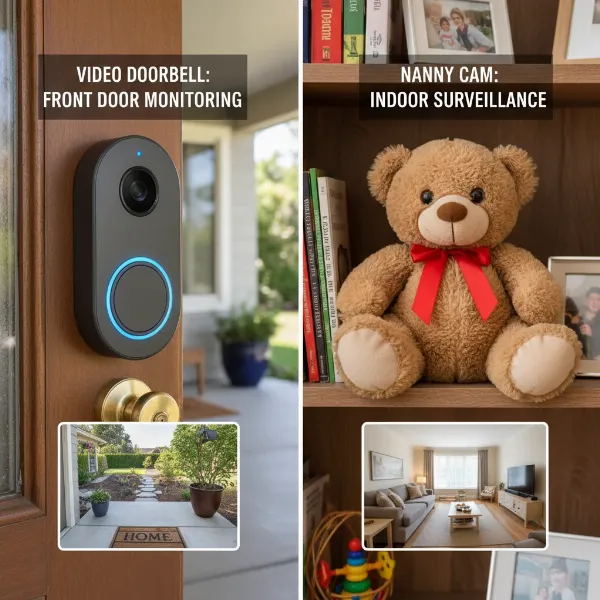 Comparing a video doorbell at a front door with a hidden nanny cam in a living room, highlighting their distinct placements and fields of view.