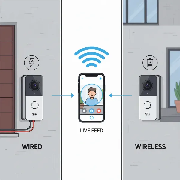 A graphic illustrating the differences between wired and wireless video doorbells, showing electrical wires for one and a battery icon for the other, with Wi-Fi signals connecting both to a smartphone in a modern, clean, illustrative style from an eye-level perspective.