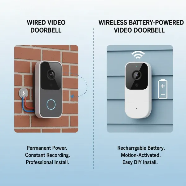 An infographic comparing a wired video doorbell with visible electrical connections and a wireless battery-powered video doorbell.